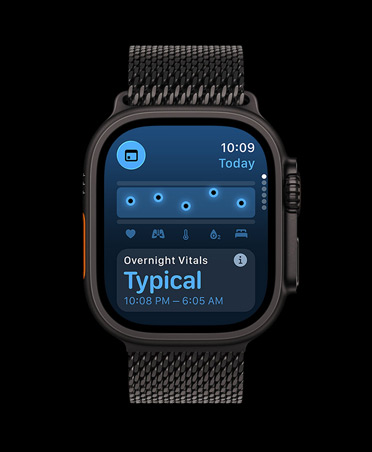 Apple Watch Ultra 3, black color, titanium case, Vitals app, chart scoring health, Overnight Vitals outliers notification, band, black Milanese Loop