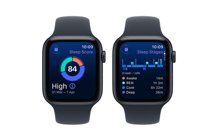 Apple Watch SE 3, screen shows sleep tracking features, aluminium case, midnight colour (black), Sport Strap, black colour