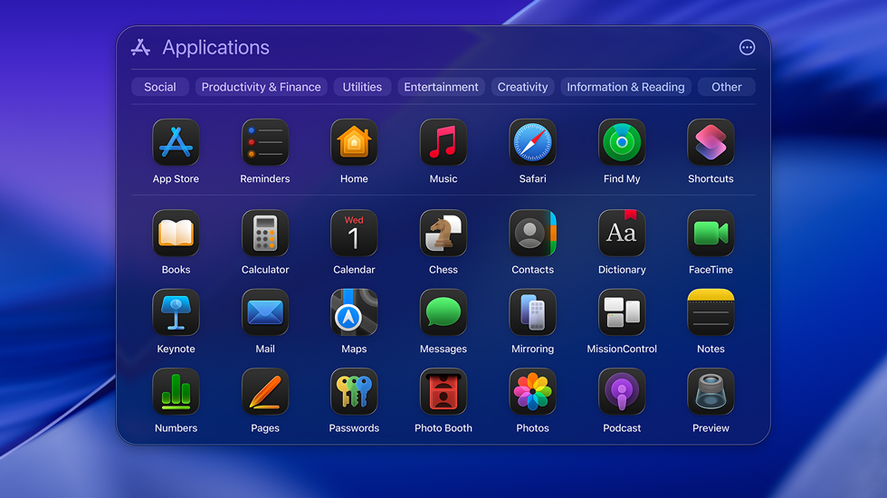 Various app icons on macOS Tahoe displayed in a grid format.