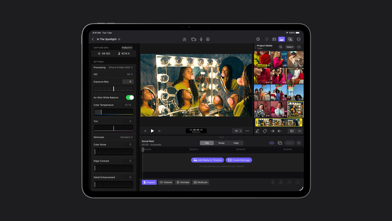 iPad Pro 13 screen showing image of woman with braids blowing bubble gum in front of several mirrors, project media to the right, settings panel to the left, social reel clips at the bottom of the screen