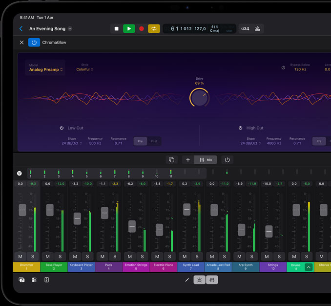 iPad Pro, front exterior, landscape orientation, space black colour, display with a music editing project, audio waveform, various track controls, mixing faders and musical instruments, in Dark Mode
