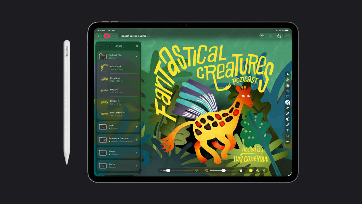 Apple Pencil with iPad Pro 13″ showing illustration for podcast about fantastical creatures