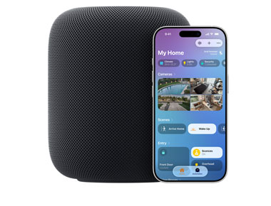A Midnight HomePod with iPhone showing 'My Home' UI on the Home app