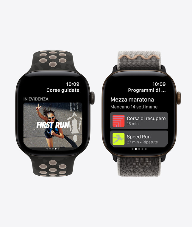 Dispositivi Apple Watch Series 12, casse in alluminio nero, schermate: app Nike Run Club, corse guidate, programmi di allenamento, cinturini Nike Sport e Nike Sport Loop color after dark black