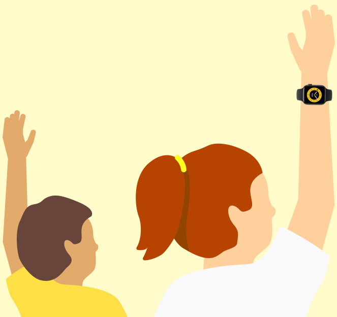 Apple Watch SE 3を装着した子どもが学校で手を挙げているイラスト