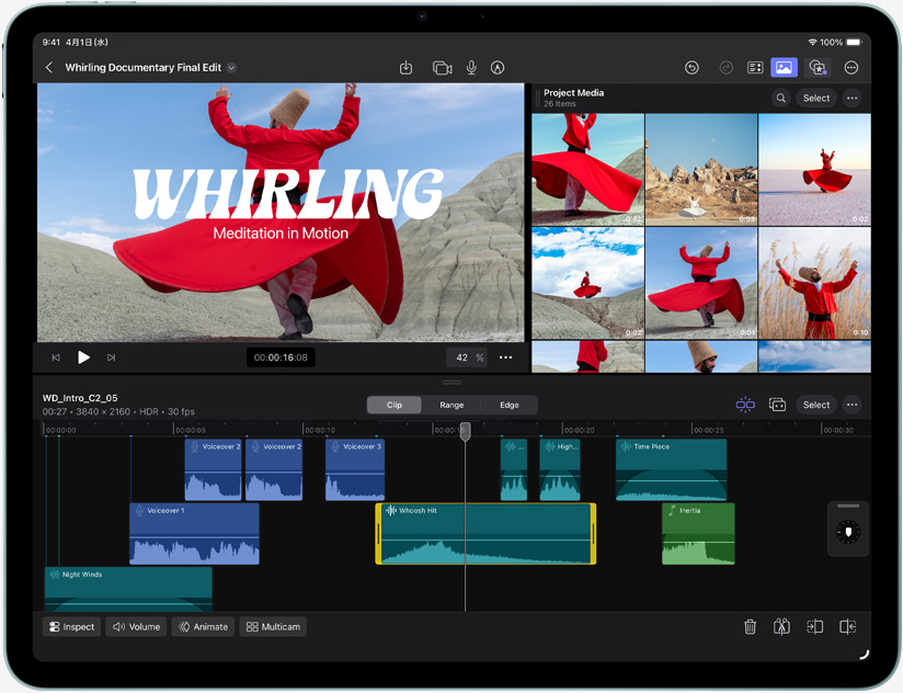 iPad Airの前面の外観。Final Cut Proでのビデオ編集画面を表示している