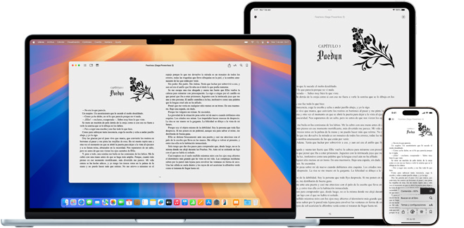 La MacBook Pro y el iPad Air muestran una página del mismo ebook en la app Libros.