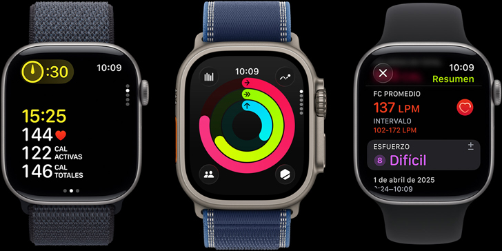 Tres dispositivos Apple Watch con datos de entrenamiento, círculos de Actividad e información después de la sesión en pantalla