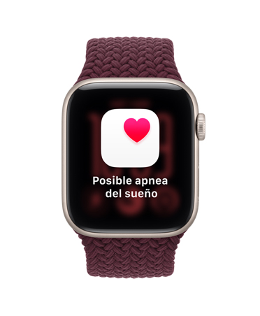 Apple Watch SE 3, caja de aluminio, blanco estelar, la pantalla muestra una funcionalidad de monitoreo de salud (notificación de posible apnea del sueño), parte lateral derecha, Digital Crown, correa loop deportiva trenzada, color borgoña