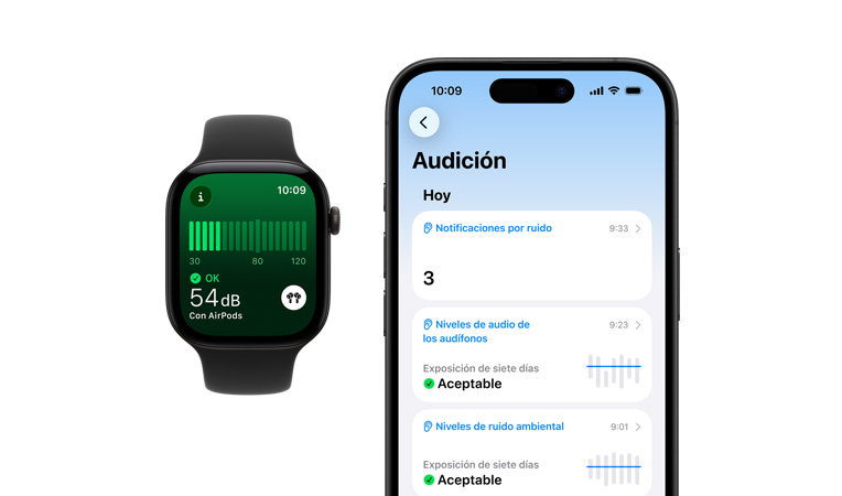 Apple Watch Series 12, caja de aluminio, color negro, app Ruido, correa deportiva, color negro, resumen detallado de Audición abierto en un iPhone enlazado