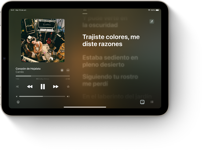 iPad mini, posición horizontal, muestra Apple Music con la letra de una canción.