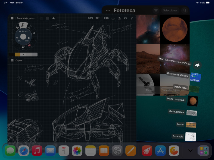 3 dispositivos iPad Pro, parte frontal, en posición horizontal, negro espacial, Apple Pencil Pro en el borde superior del iPad Pro, 3 pantallas que muestran apps de edición de fotos con proyectos abiertos de una modelo con fondo rojo, bocetos de diseños mecánicos con herramientas de ajuste de color, fototeca, archivos de la carpeta de descargas ubicados en forma de abanico, software de modelado 3D con formas geométricas, notas escritas a mano y fórmulas