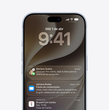 Pantalla de un iPhone que muestra una notificación de Mensajes, una notificación de Mail, una notificación de Calendario
