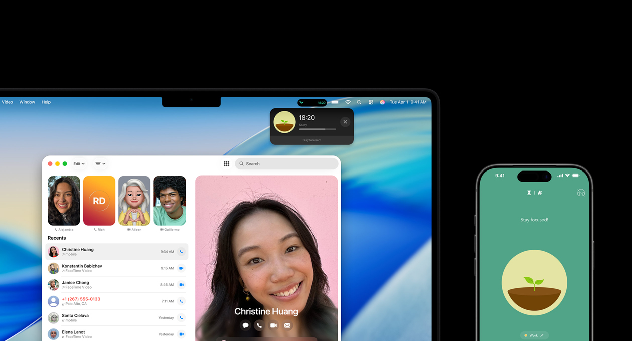 Una MacBook Pro y un iPhone lado a lado, la pantalla de la MacBook Pro muestra la app Teléfono y Actividades en Vivo de la app Uber, el iPhone muestra la app Uber