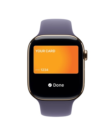 „Apple Watch Series 11“, aukso spalvos, titano korpusas, „Apple Pay“, dešiniosios pusės išorinė dalis, „Digital Crown“, violetinio rūko spalvos sportinis dirželis