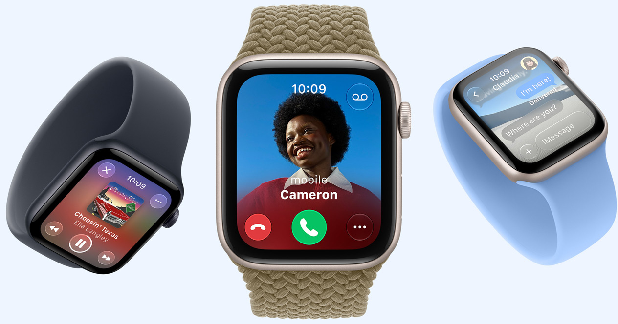 Apple Watch SE 3 devices, screens show Apple Music, incoming call, Messages, aluminum cases, starlight and midnight colors, bands: Solo Loop, navy blue, wildflower blue colors, Braided Solo Loop, olive color (earthy green)