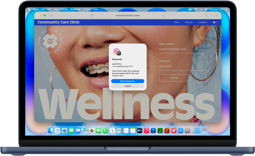 MacBook Neo, couleur indigo, Safari invite l’utilisateur à se connecter à l’aide de Touch ID ou d’un mot de passe pour accéder au site web intitulé Community Care Clinic