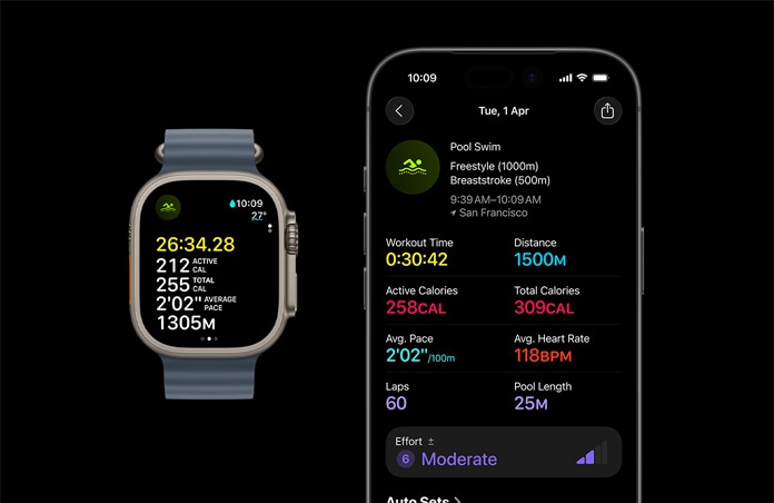 Apple Watch Ultra 3, dabīga krāsa, titāna ietvars, Ocean Band siksniņa, tērauda zila krāsa, aktīvs peldēšanas treniņš, detalizētāks treniņa rādītāju skats iPhone