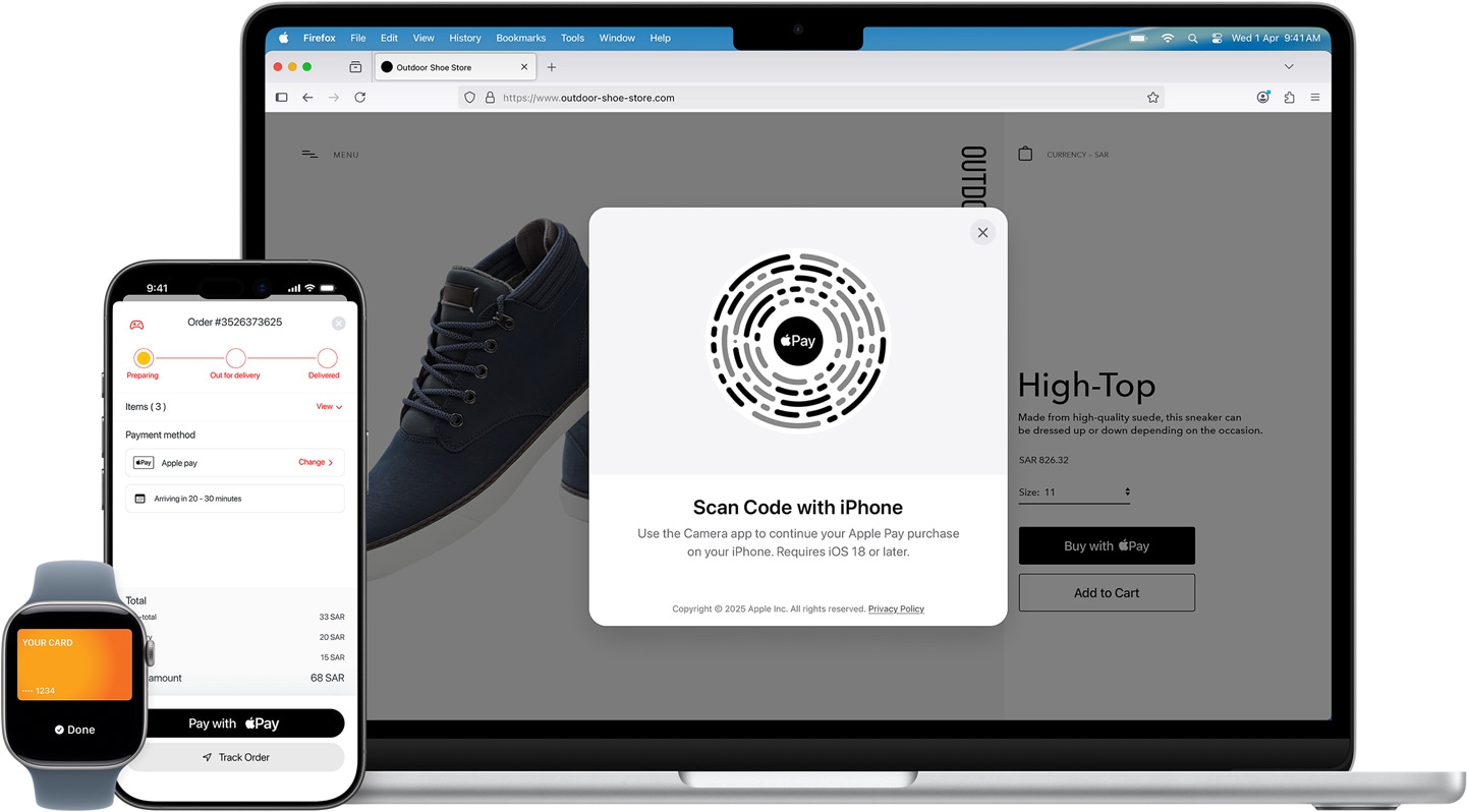 An Apple Watch, an iPhone, and a MacBook all side by side. The Apple Watch shows an American Express credit card. The iPhone shows an Etsy product page with a candle and the option to pay with Apple Pay. The MacBook displays a product page on the Outdoor Shoe Store website and an Apple Pay overlay with a QR code prompting the payer to use their iPhone to continue their purchase.