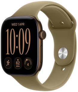 Apple Watch Series 12, aluminum case, dark bronze color, Modular watch face, complications: day and date, Workouts, heart rate, readiness, right side exterior, Digital Crown, side button, Sport Band, olive color