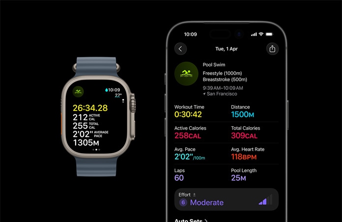 Apple Watch Ultra 3, natural color, titanium case, Ocean Band, anchor blue color, active Swim workout, larger workout metrics breakdown on iPhone