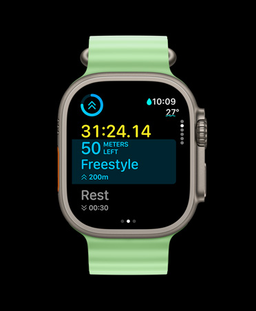 Apple Watch Ultra 3, natural color, titanium case, Workout app, custom workout card, Up Next view, neon green Ocean Band