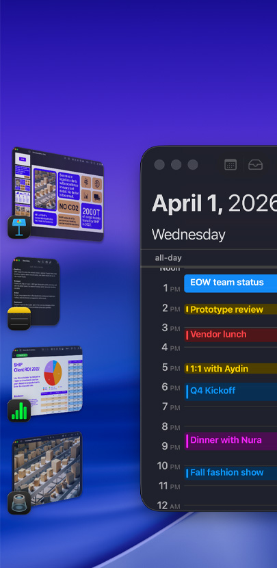 Various iOS apps displayed on a desktop using Stage Manager, the Calendar app showing a schedule is prominently displayed.
