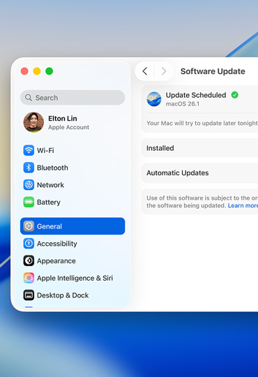 Mac screen shows a scheduled software update within System Settings