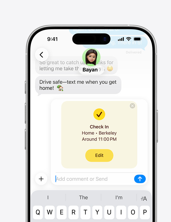 iPhone screen showing Messages thread with Check In feature in use