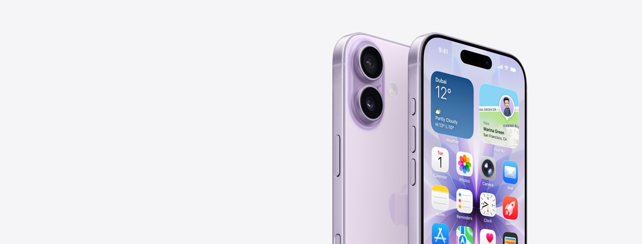 iPhone 17 in lavender finish, front exterior with partial home screen displayed, side angle shows - Action and volume buttons. Back exterior shows Dual Fusion Camera System in top left corner, camera control button