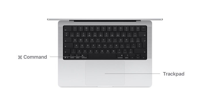 Top view of MacBook Pro 14" with lines indicating where the Command key button and trackpad are.
