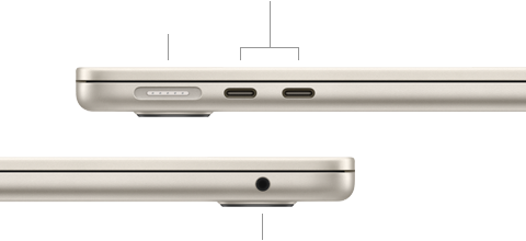 صورة للجانب الأيسر من جهاز MacBook Air وهو مغلق، تعرض منفذ MagSafe مع اثنين من منافذ ثندربولت، وللجانب الأيمن، تعرض مقبساً لسماعات الرأس