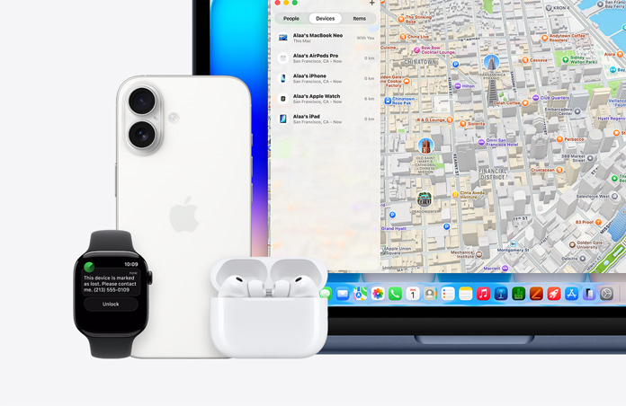 Apple Watch, text onscreen reads “This device is marked as lost, please contact me” with phone number, next to iPhone, AirPods Pro, and MacBook Neo, indigo color, screen shows Find My app with map and list of devices with their locations