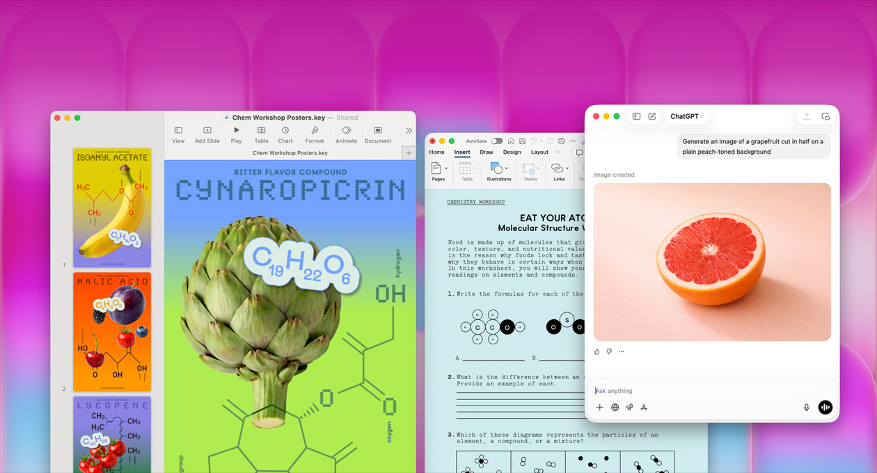 Using ChatGPT to generate image of grapefruit, other windows contain a Keynote document titled molecule posters with images of fruits and vegetables and associated molecular compounds, and a related Microsoft Word document