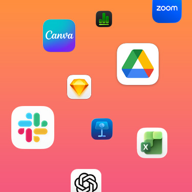 Íconos de apps de productividad como Slack, Canva, Google Workspace, Zoom, Sketch, Keynote, Excel, ChatGPT y Numbers sobre un fondo colorido.