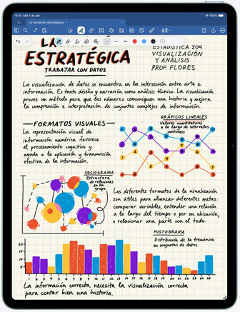 iPad Air, parte frontal, muestra la app Goodnotes con texto y gráficos