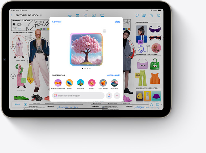 Un iPad mini muestra que se está usando Image Playground, una nueva funcionalidad de Apple Intelligence, en Freeform.