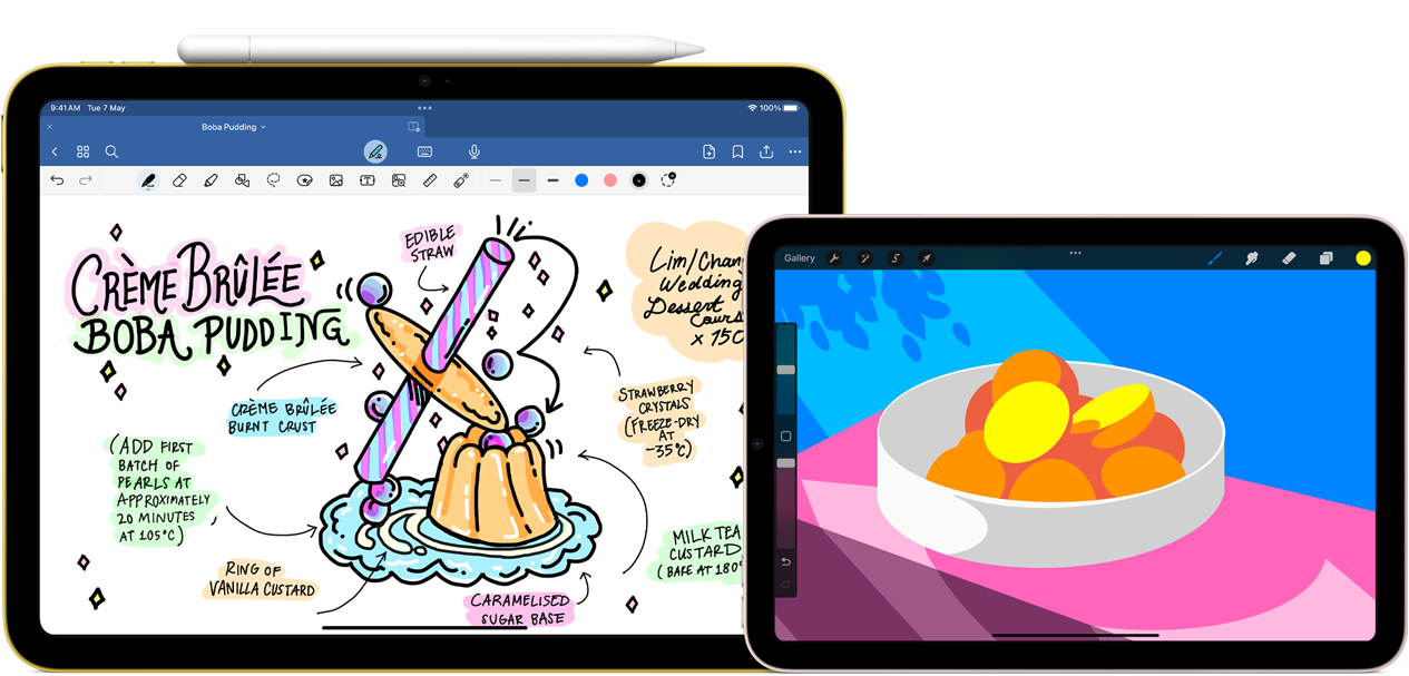 On left, iPad, landscape orientation, displaying a graphic with notes and a drawing with Apple Pencil USB-C attached at top. On right, iPad mini, landscape orientation showing a colorful illustration made with ProCreate.