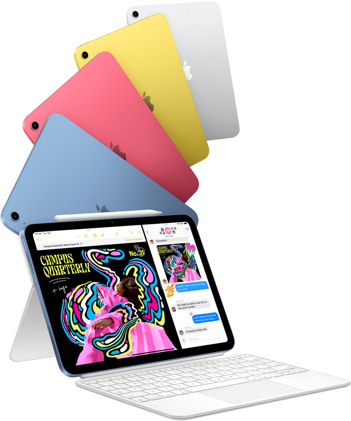 iPad in blue, pink, yellow and silver colours and one iPad attached to the Magic Keyboard Folio.