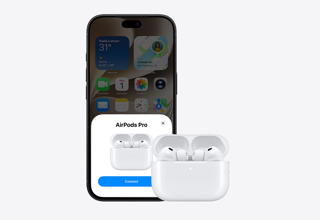iPhone 18 Pro, front exterior, Home Screen open, connection pop-up on screen, next to AirPods Pro 3 in open MagSafe Charging case