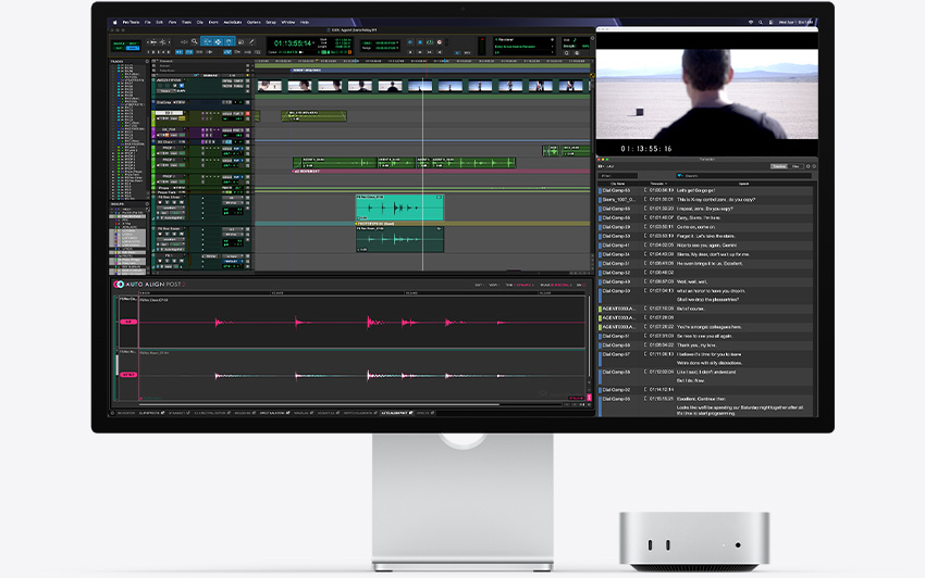 Mac&nbsp;mini front, tucked under Studio&nbsp;Display, Pro&nbsp;Tools with Auto-Align Post 2 plug-in running in macOS environment
