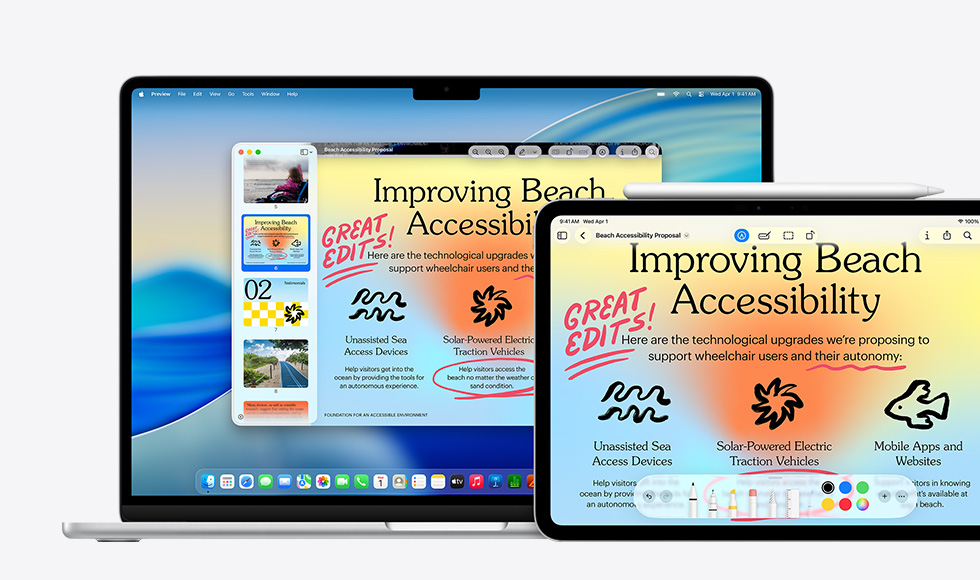 Multiple Apple devices, the same image on each device, an Apple Pencil has been used to mark up the image on the iPad, markup reflects on the other devices