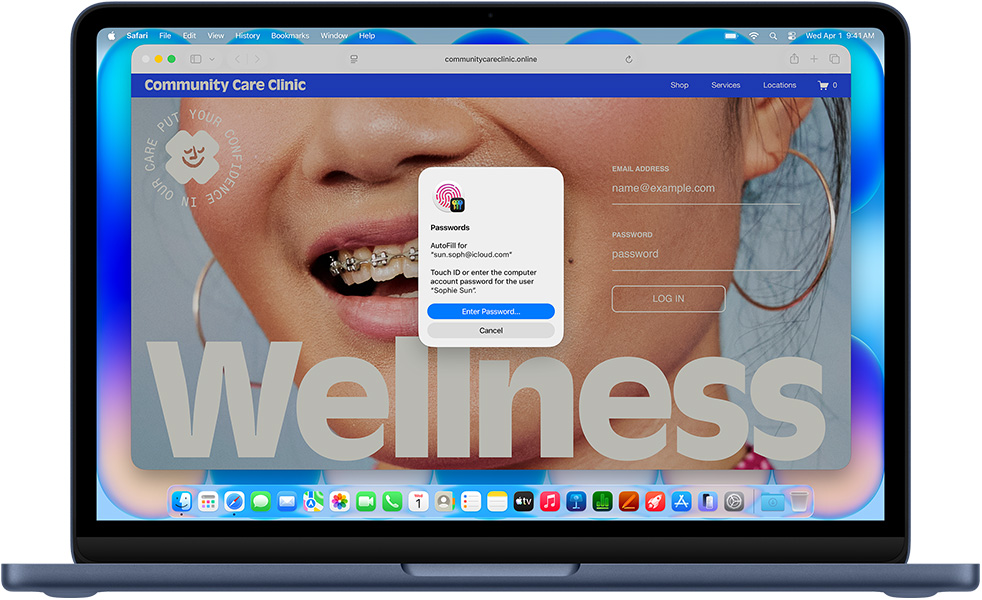MacBook Neo, indigo color, Safari prompting user to log in using Touch ID or password to website titled Community Care Clinic