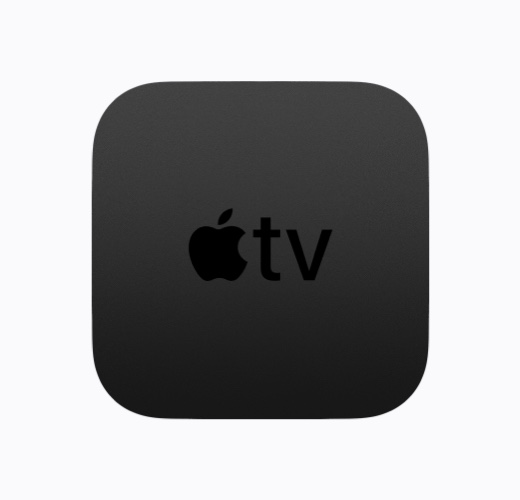 Apple TV 4K, black colour, top exterior, glossy black Apple TV logo