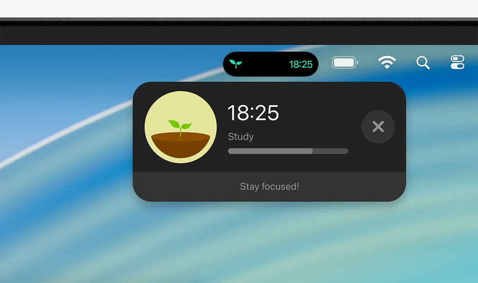Top of Mac device screen showing the menu bar with an expanded Live Activity for Forest
