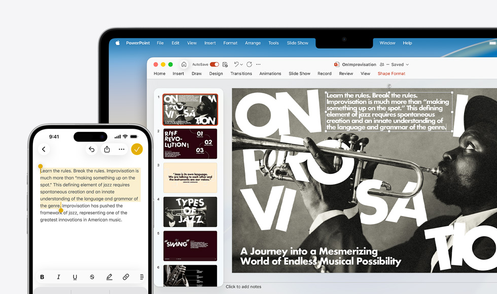 iPhone 16 Plus z tekstem zaznaczonym w aplikacji Notatki, MacBook Air z otwartym slajdem PowerPoint, a na slajdzie tekst z aplikacji Notatki