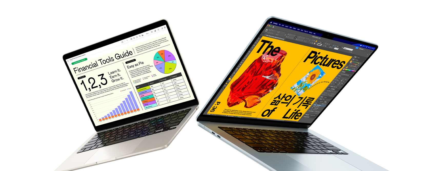 MacBook Air 13 cali i 15 cali – jeden ekran pokazuje postępy pracy w aplikacji Numbers, na drugim widoczny jest projekt graficzny