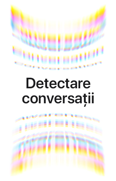 Unde sonore ambientale sub formă de arcade colorate, sus și jos, textul din centru afișează: Detectare conversații