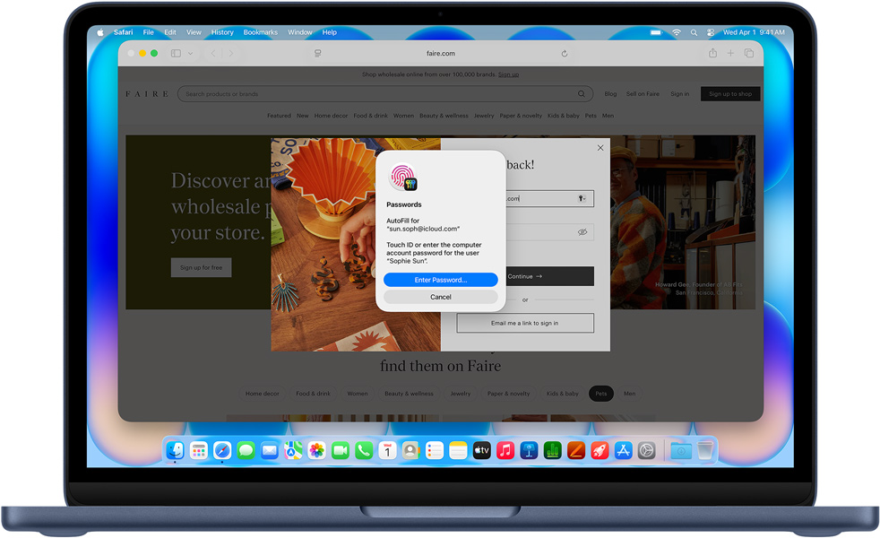 MacBook Neo, culoare Indigo, Safari solicită autentificarea pe site-ul „Community Care Clinic” folosind Touch ID sau parola