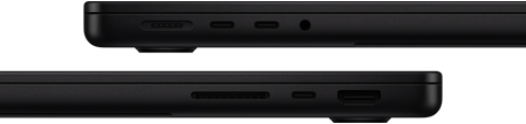 Prezentare porturi MacBook Pro — partea stângă: MagSafe 3, două porturi Thunderbolt și mufă pentru căști — partea dreaptă: slot pentru card SDXC, un port Thunderbolt și HDMI